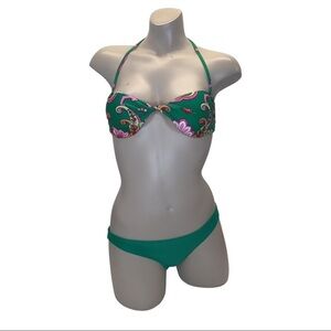 Recco Size Medium Brazilian Green Paisley Bikini Top & Solid Bottom.New With Tag